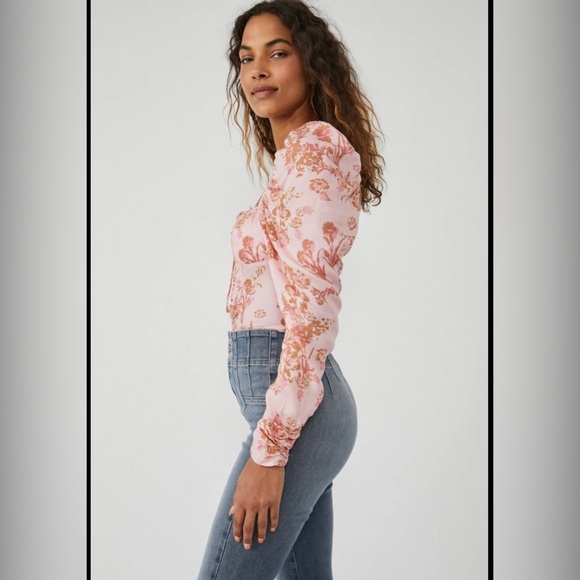 NWT Free People Hilary Pink & Floral Printed Long Sleeve Boho Top - Picture 2 of 8